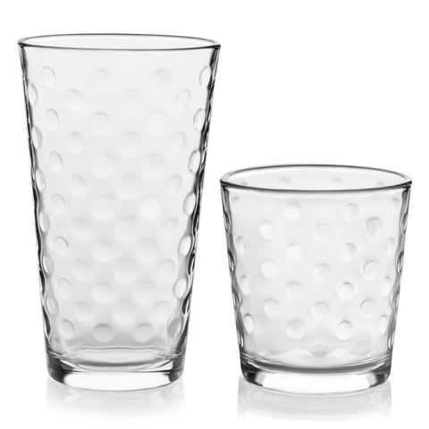 Libbey front view of the Awa polka dot glass set showing clean design and versatility