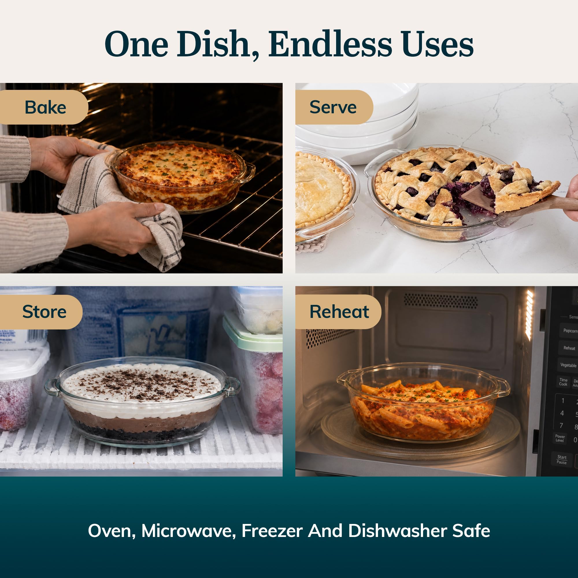 Libbey glass pie plate with lid in freezer indicating safe cold storage capability