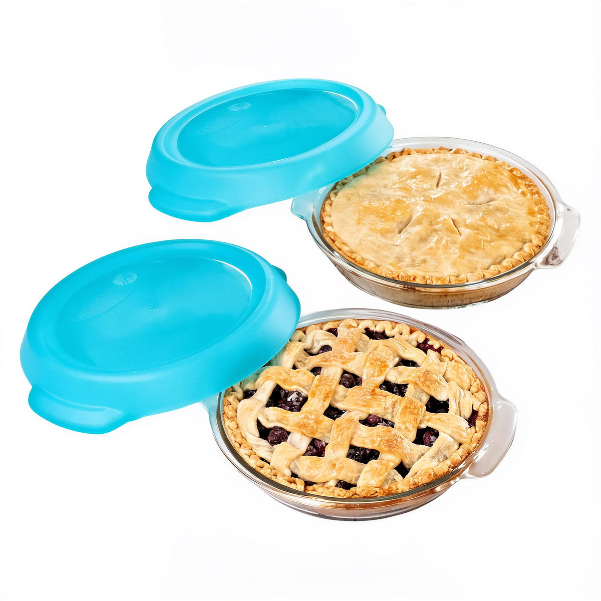 Libbey front view of two glass pie plates with lids showing neat packaging and convenience