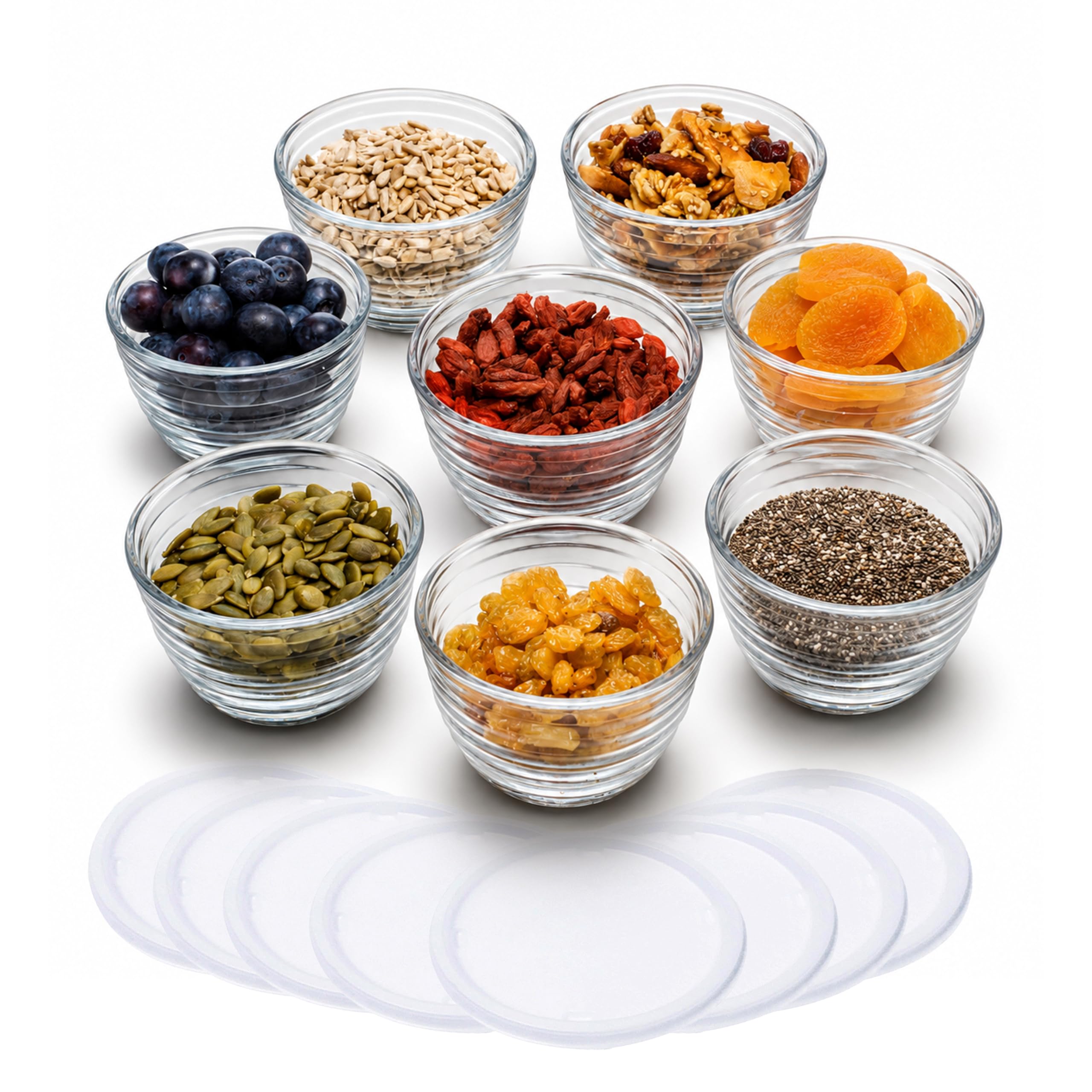 Libbey small glass bowls front packaging showing set of eight and lids for organized prep