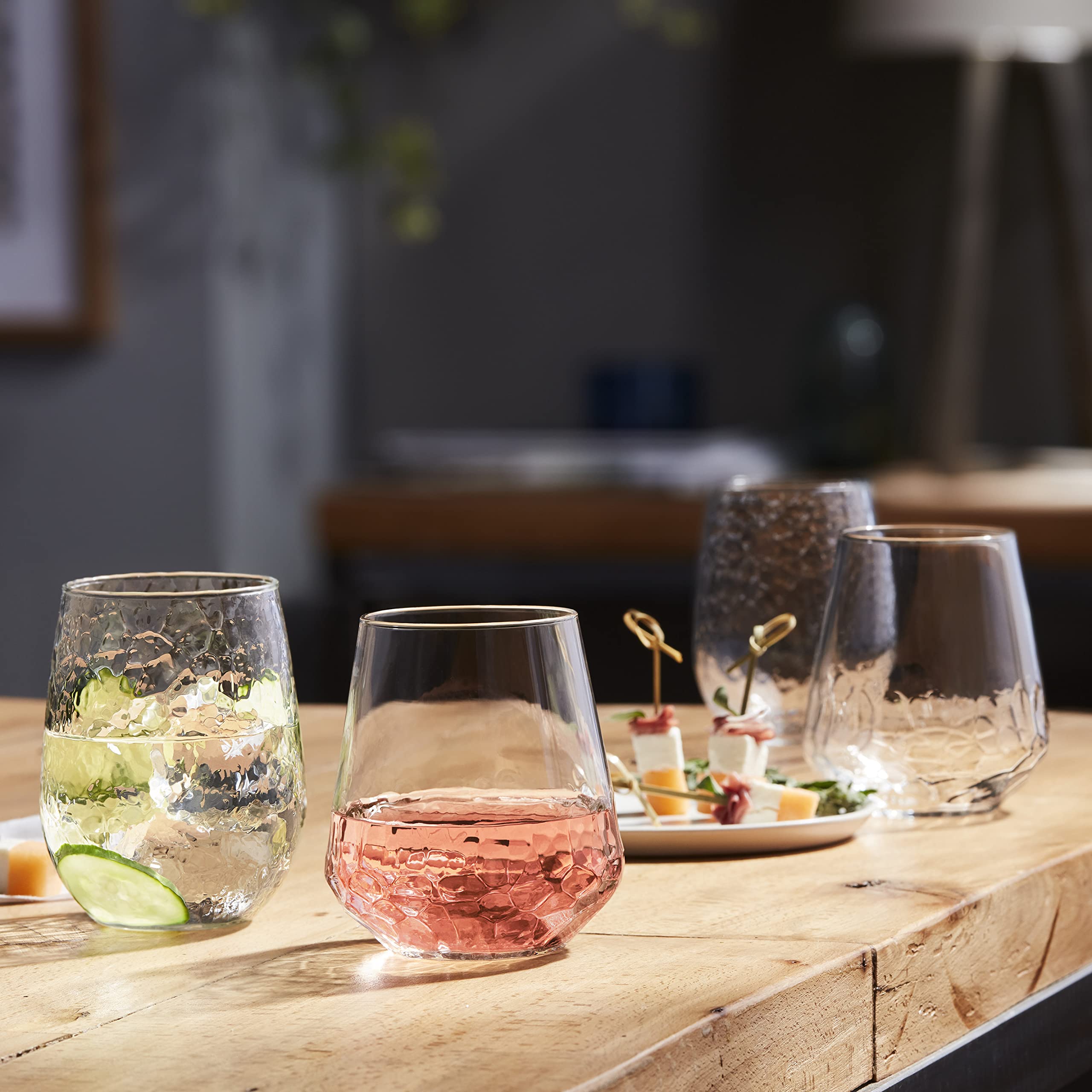 Libbey hammered table setting with mixed drinks enhancing home dining aesthetics