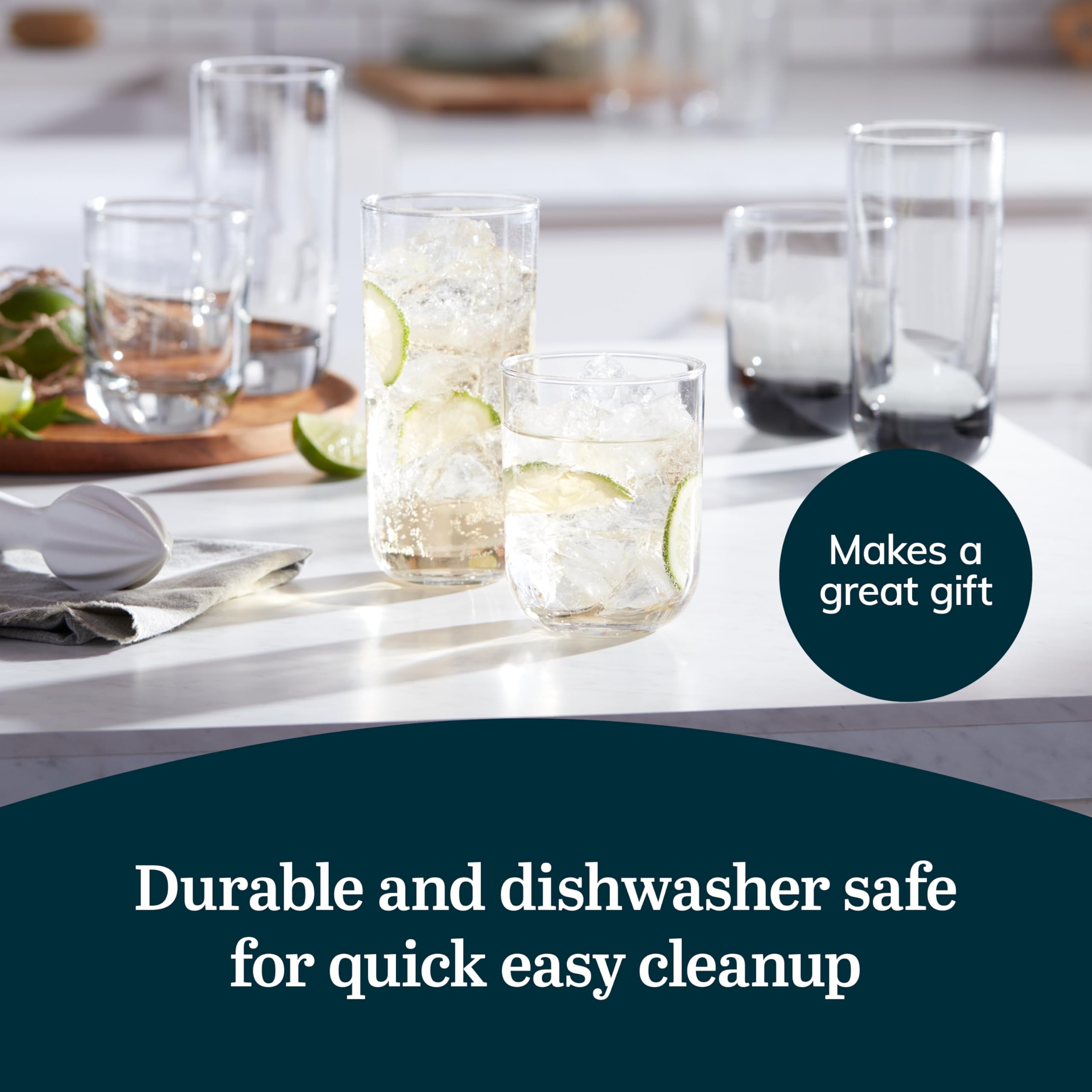 Libbey Polaris glasses beside common kitchen items showing size and storage convenience benefit