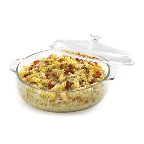 Libbey round casserole front view showing clear glass and lid for elegant serving