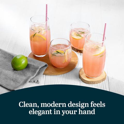 Libbey Samba 14oz rocks glass on table showcasing elegant pours
