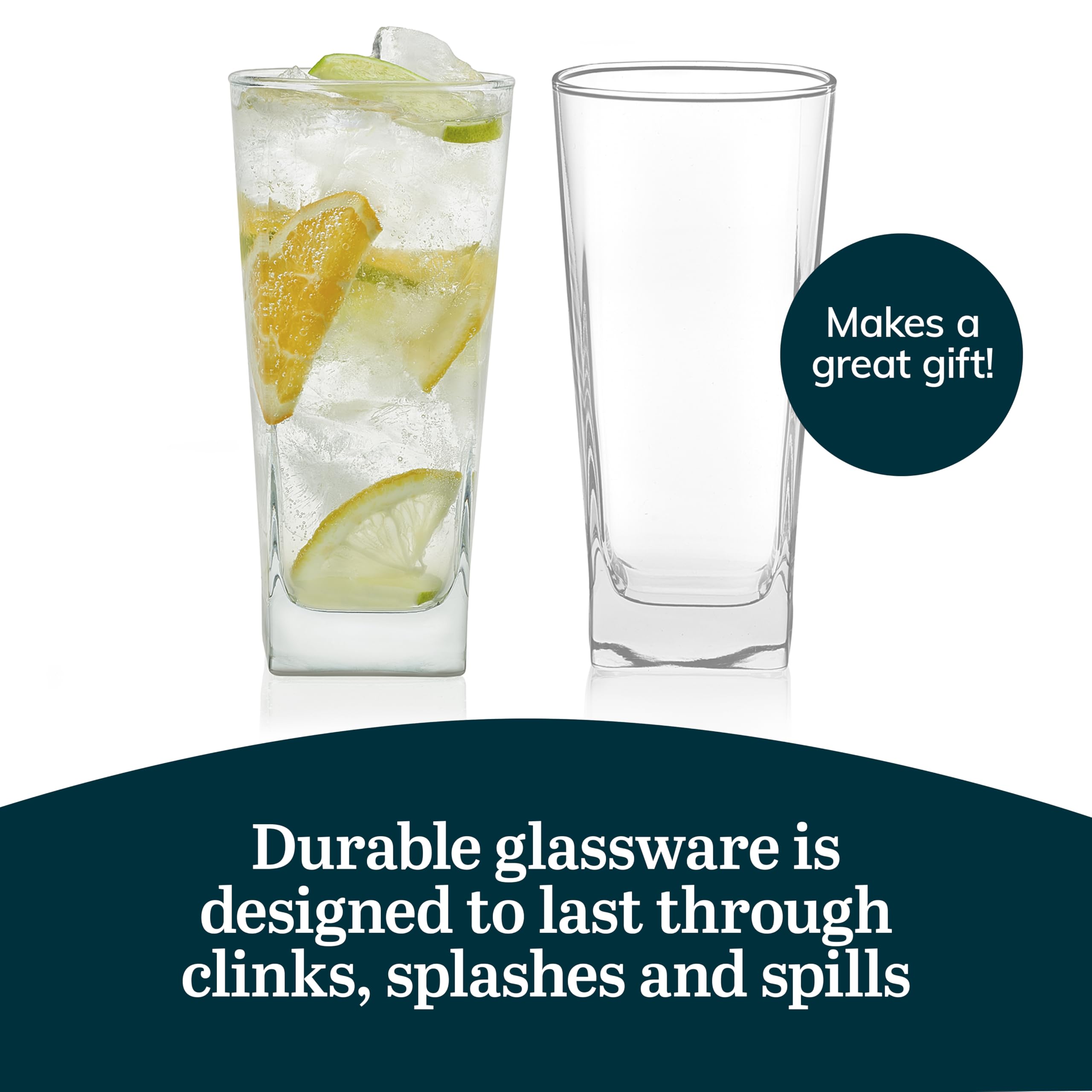 Libbey tumbler beside soda can showing 14.3 oz scale and portioning benefit