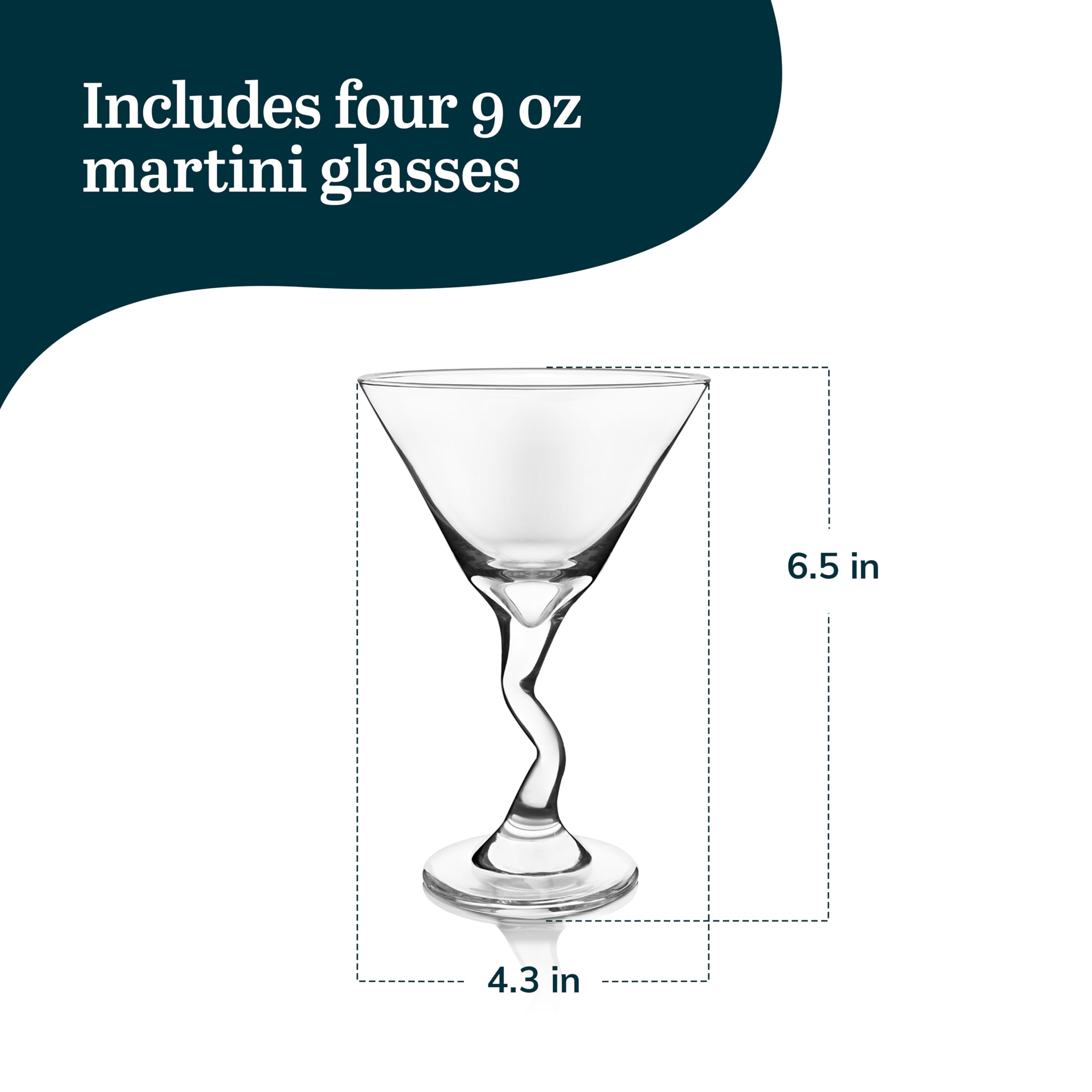 Four Libbey Z‑stem martini glasses grouped together, coordinated set for entertaining