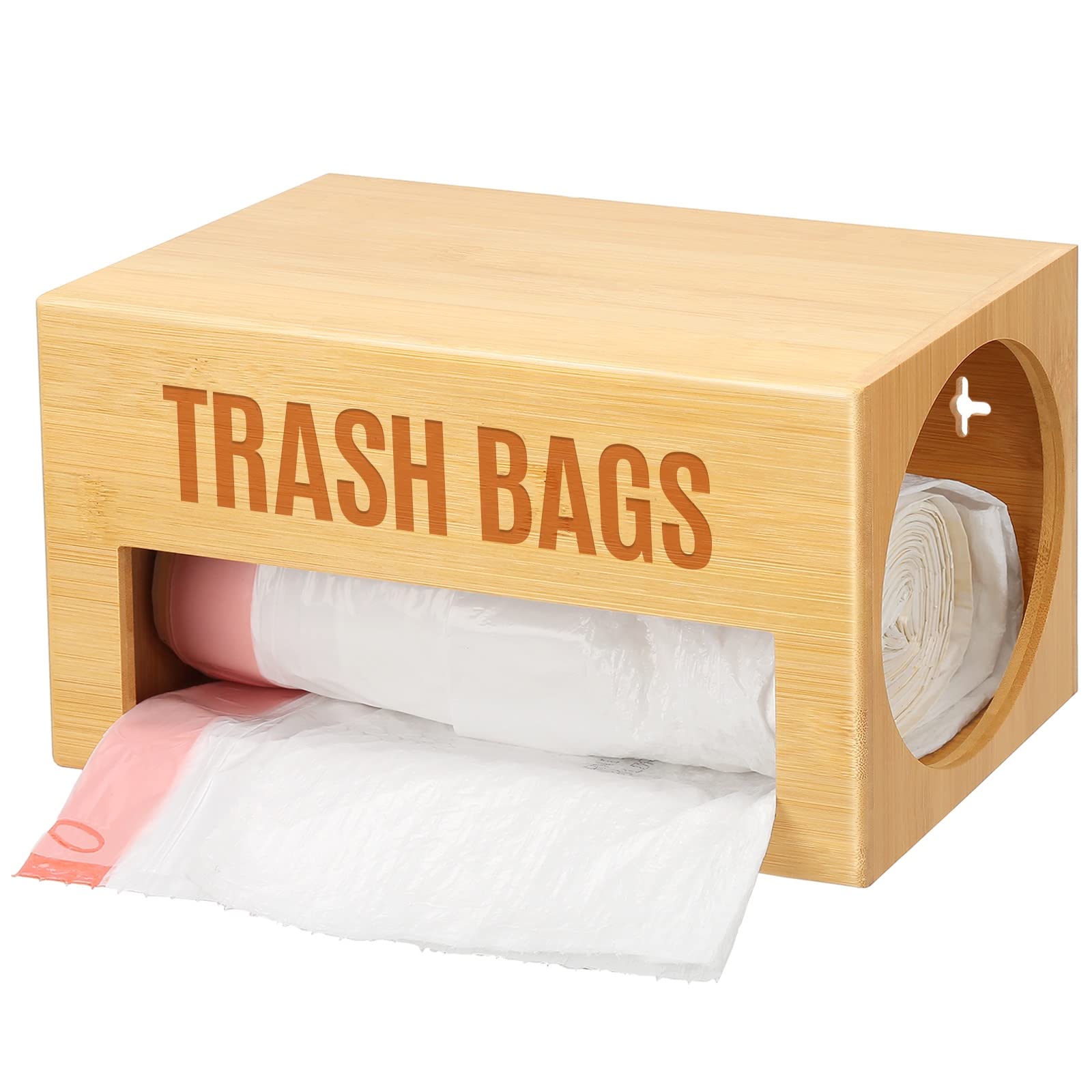 Libreshine front view of bamboo dispenser shows neat bag storage benefit