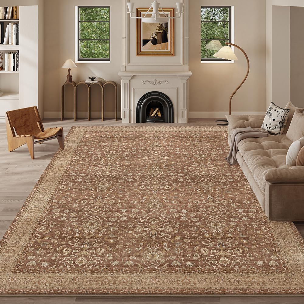 LIDALL front view showing reddish brown vintage print and overall rug benefit