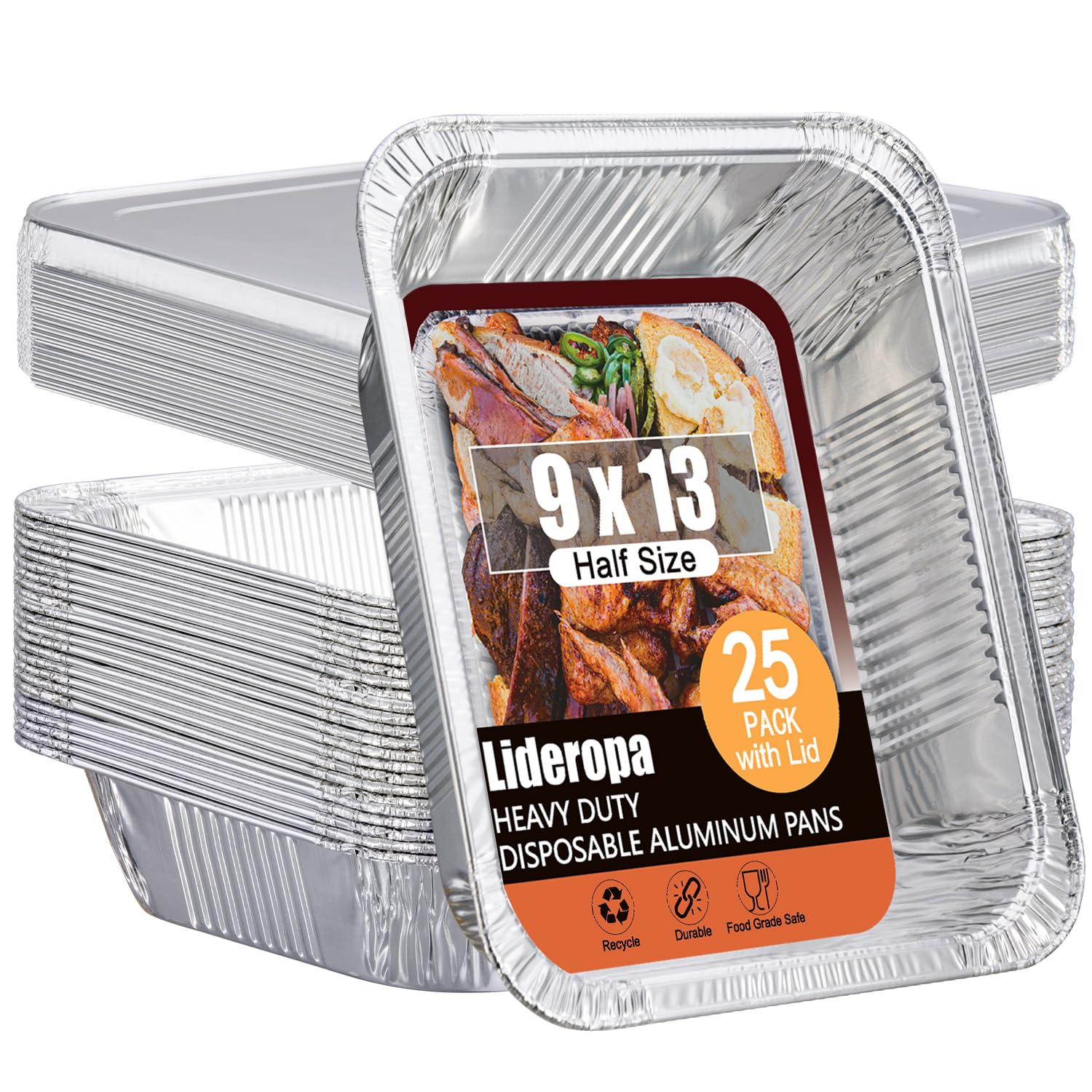 Lideropa front pack of 25 9x13 pans showing quantity and lids convenience