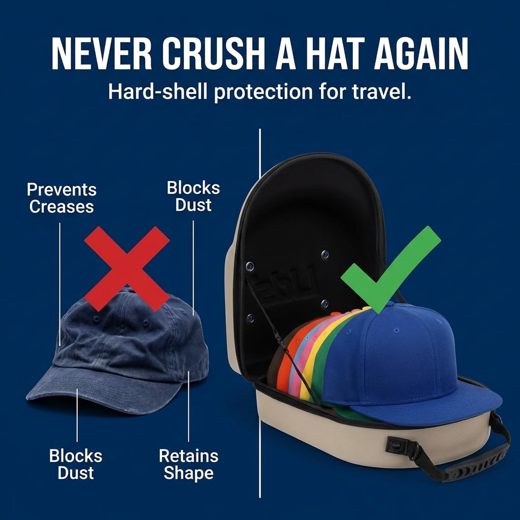 Lids open case with hats showing organized, uncrushed brims