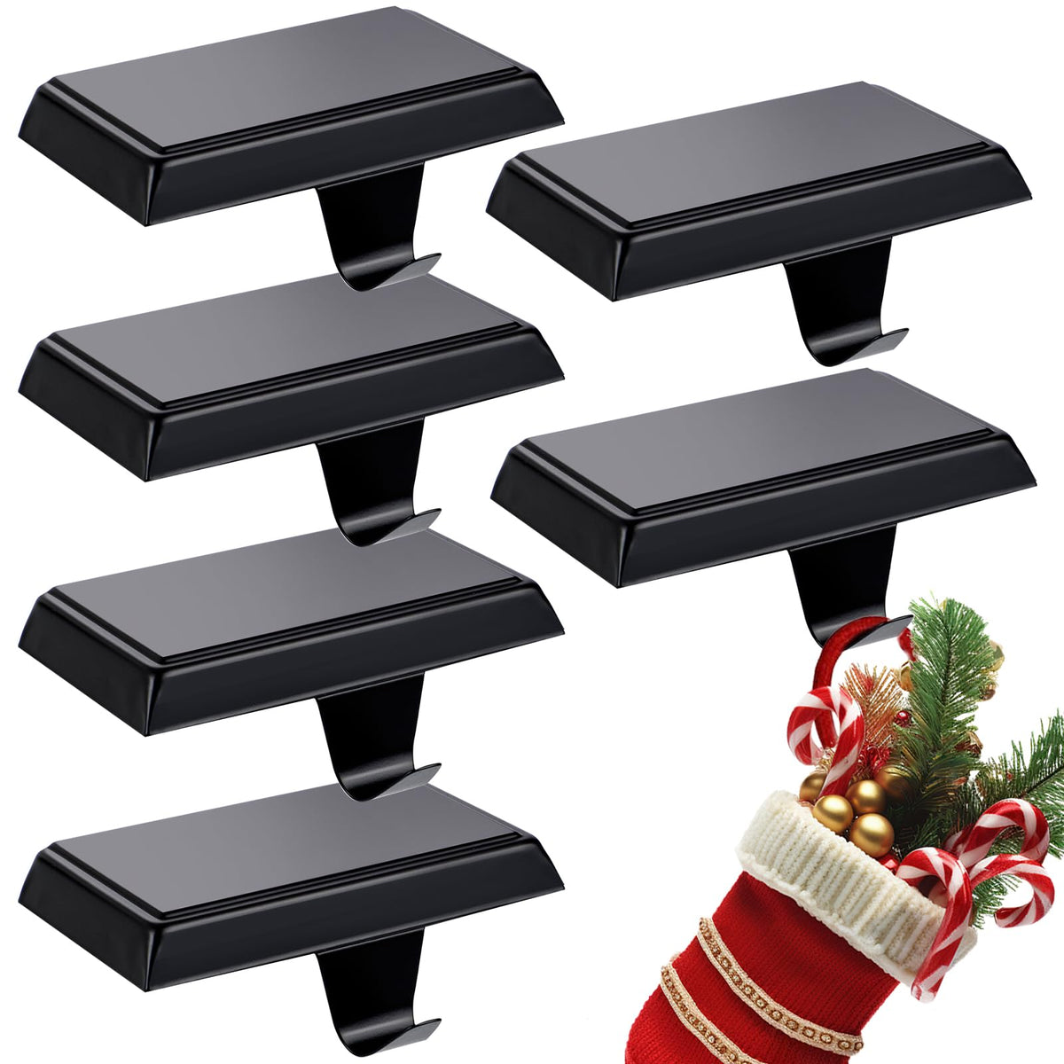 Liengoron front view of six black stocking holders showing neat storage benefit