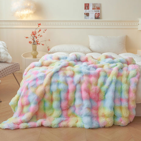LIFEREVO rainbow throw front view showing plush faux rabbit fur for cozy style