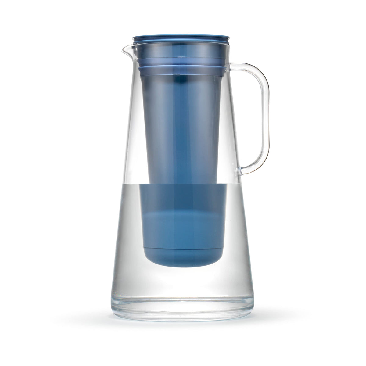 LifeStraw pitcher front view in stormy blue showing compact design and safe water benefit