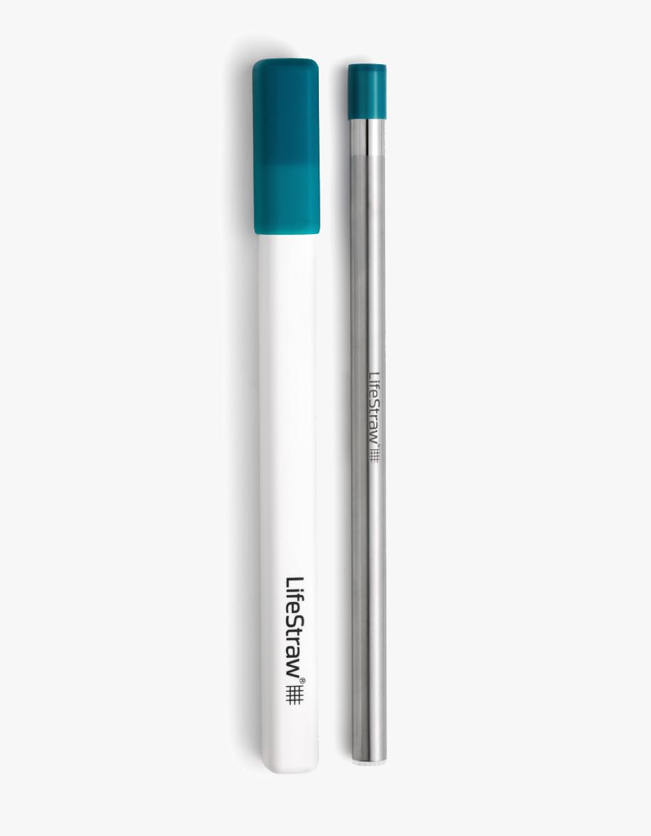 LifeStraw Sip front view showing Laguna Teal straw and case, portable hydration benefit