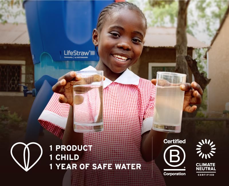 LifeStraw Sip staged with backpack and water bottle, showing travel-ready sustainability benefit