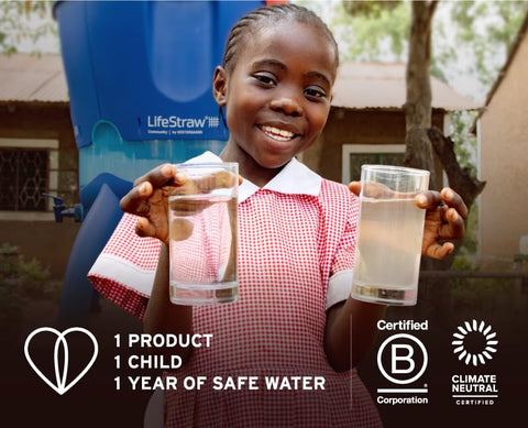 LifeStraw Sip staged with backpack and water bottle, showing travel-ready sustainability benefit