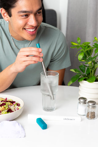 LifeStraw Sip stainless steel surface close-up, showing durable corrosion-resistant benefit