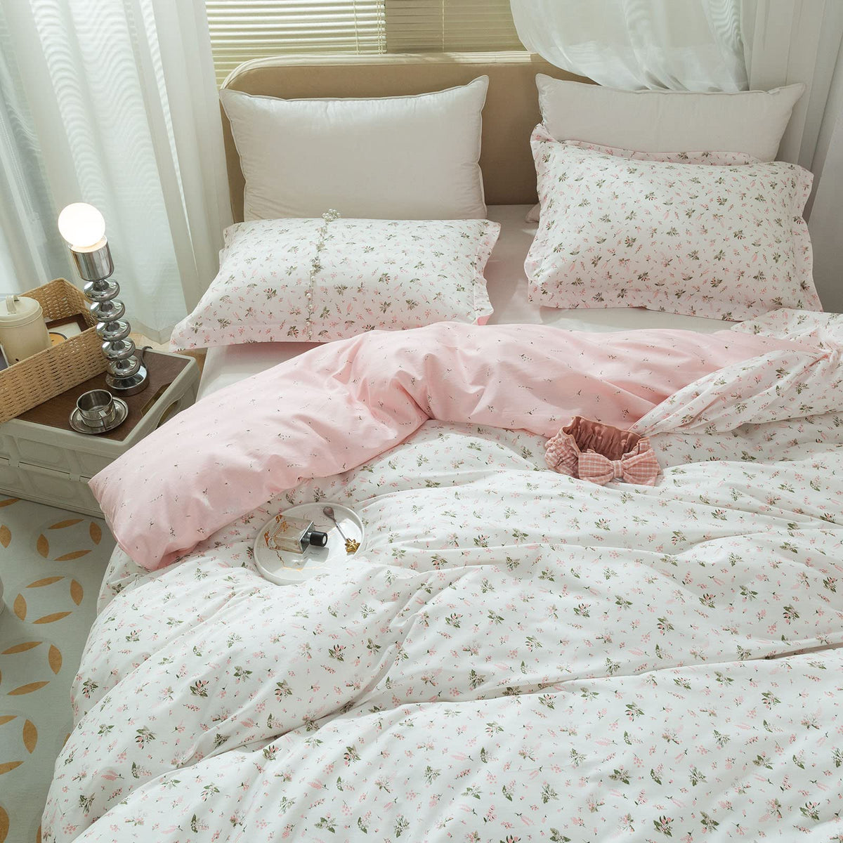 LifeTB duvet cover front view showing pink floral design and neat fit