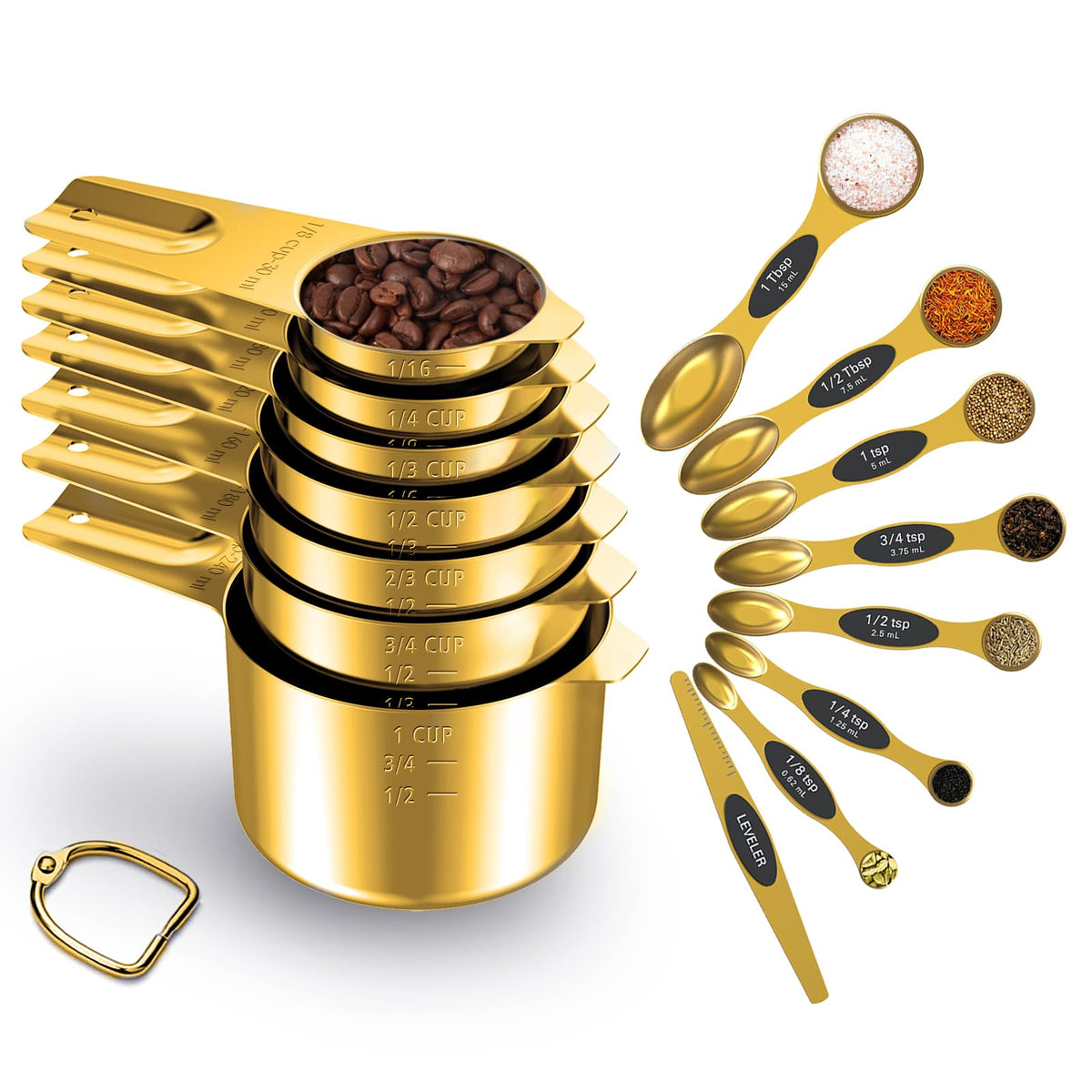 LIFETOWE gold measuring set front view showing full 15-piece kit and compact storage