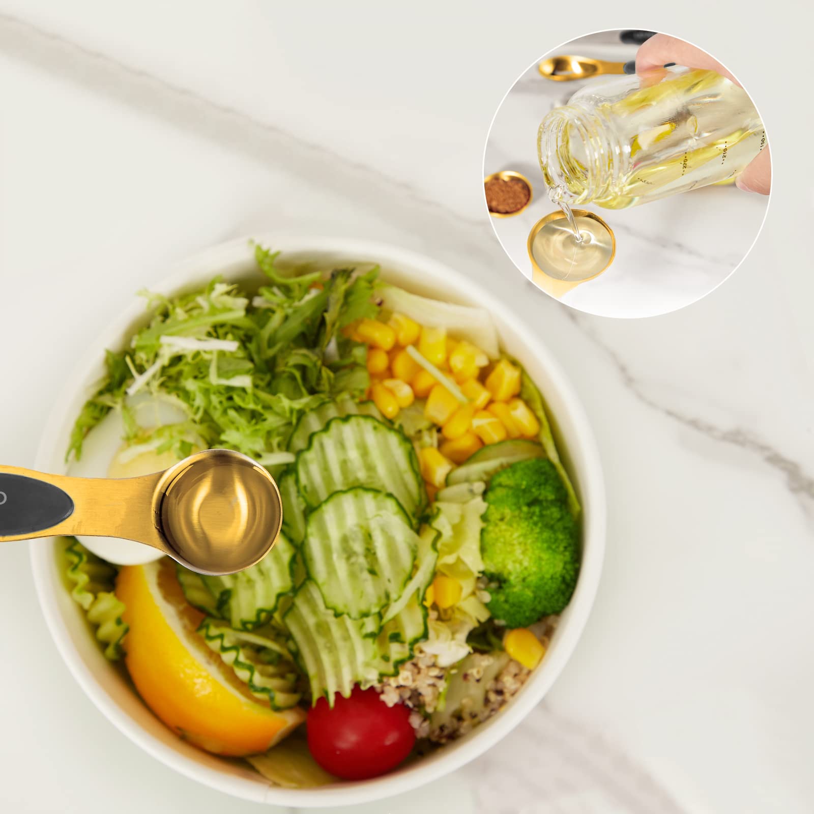 LIFETOWE cups and spoons next to a scale showing practical size and portion reference