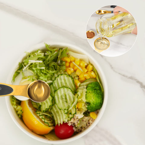 LIFETOWE cups and spoons next to a scale showing practical size and portion reference