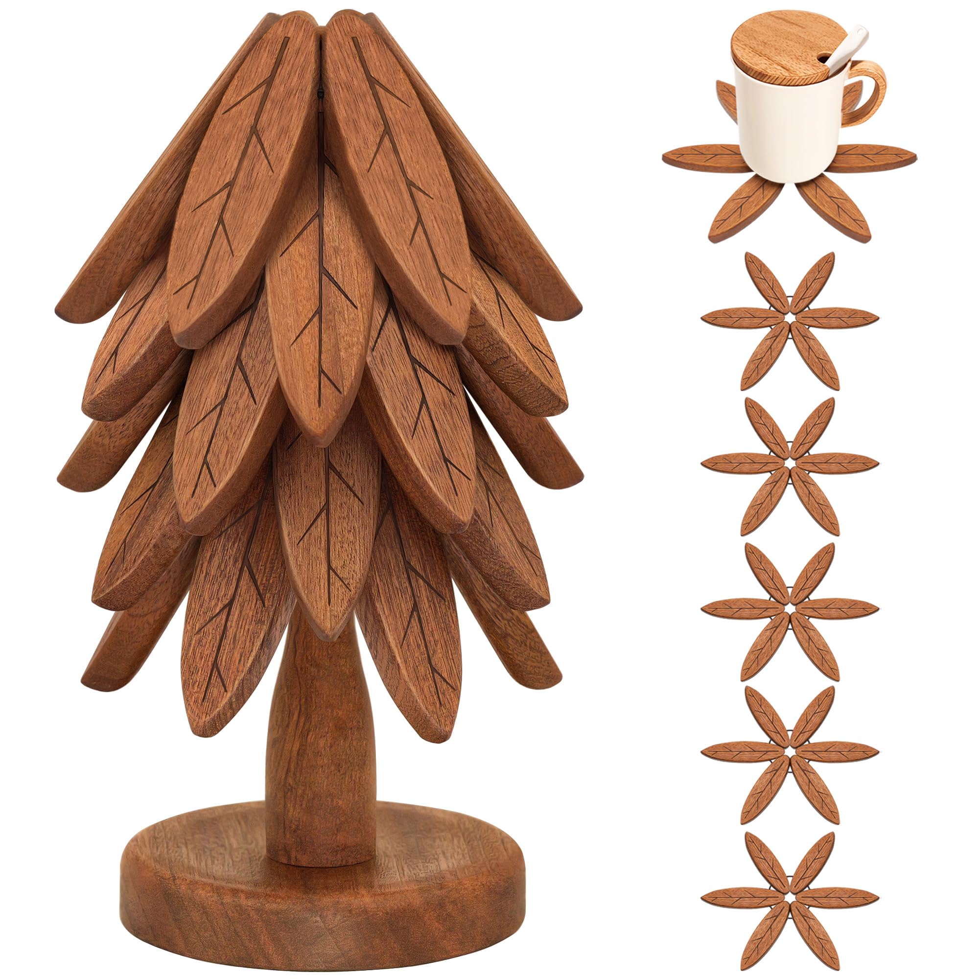 LIFETOWE front view of tree trivet set showing stand and five coasters, adds rustic charm
