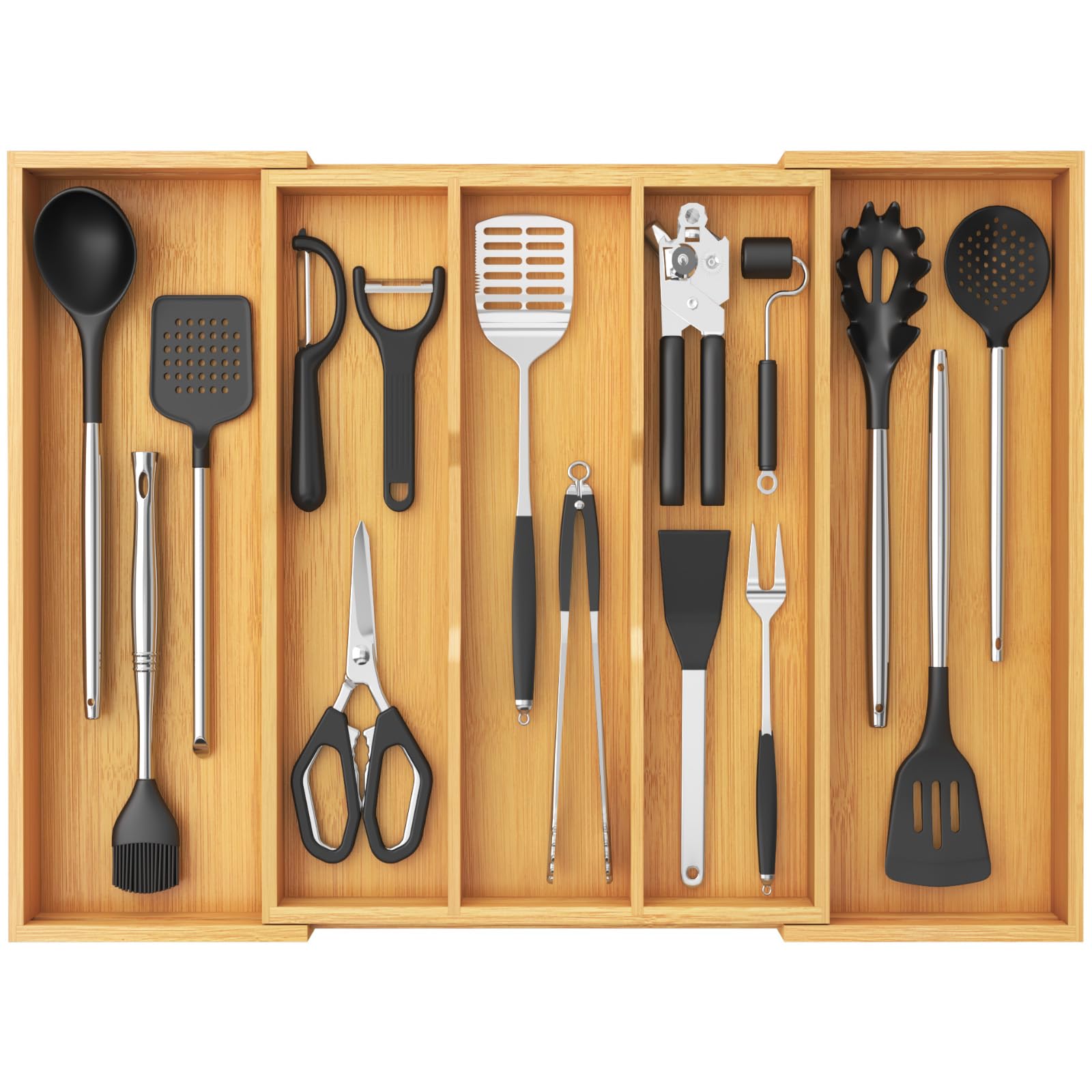 Lifewit front view of bamboo organizer showing tidy utensils and warm finish