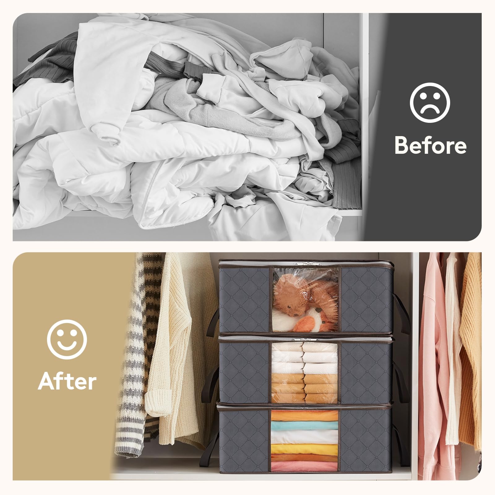 Lifewit stacked on a closet shelf in a bedroom for tidy storage