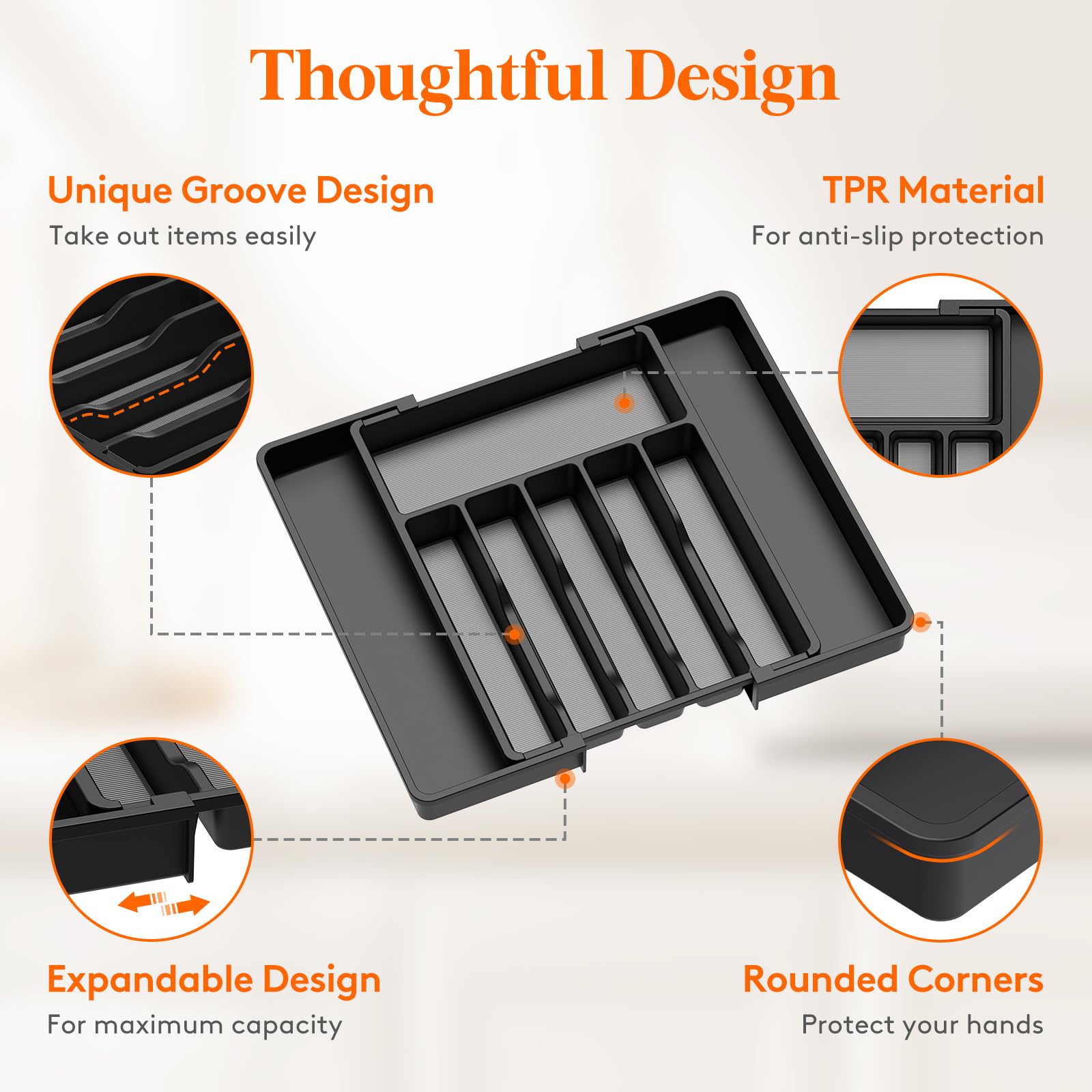 Lifewit close-up of TPR-lined compartments protecting silverware from scratches