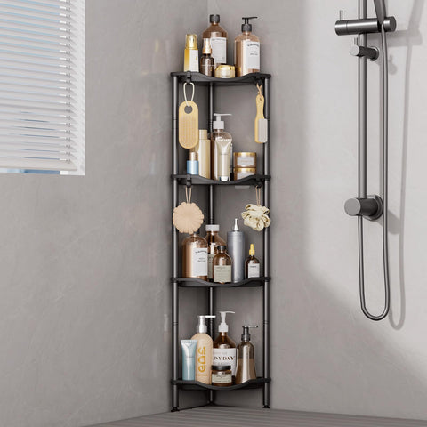 Lifewit front view of black 4-tier corner caddy showing organized toiletries and space-saving benefit