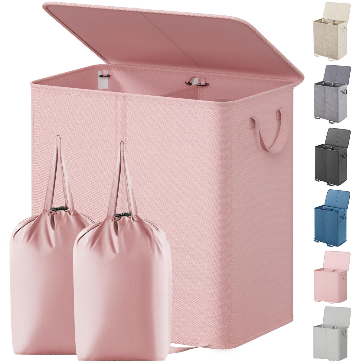 Lifewit double hamper front view showing pink fabric and lid, keeps room tidy