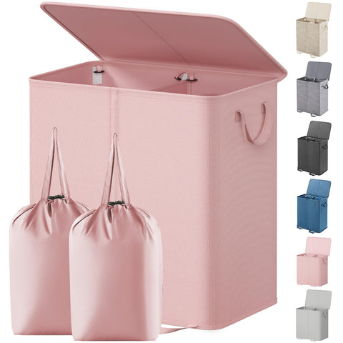 Lifewit double hamper front view showing pink fabric and lid, keeps room tidy