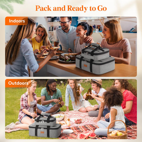 Lifewit carrier beside standard baking pan illustrating accurate size and capacity