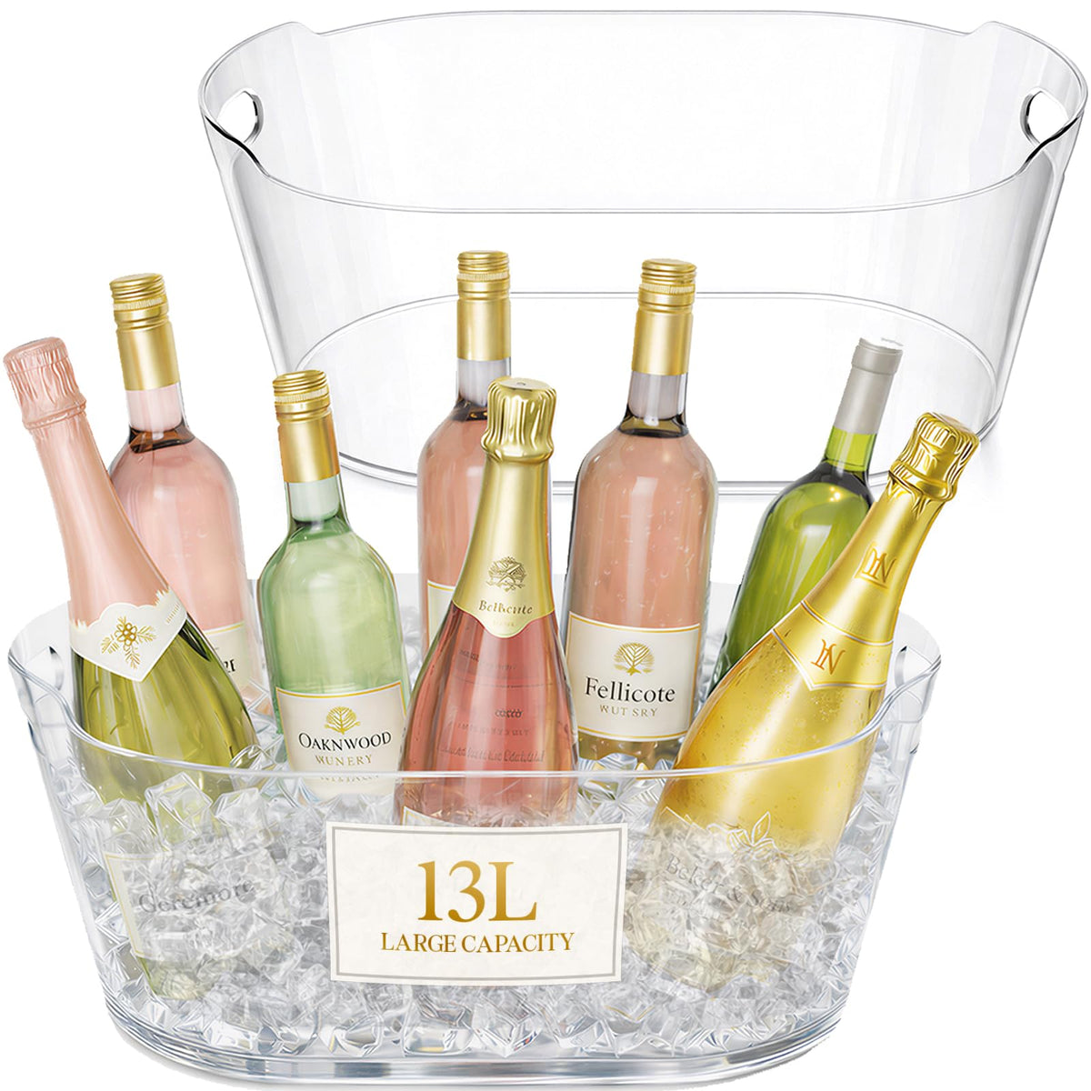 Lifewit front view of two clear ice buckets showing capacity and design benefit