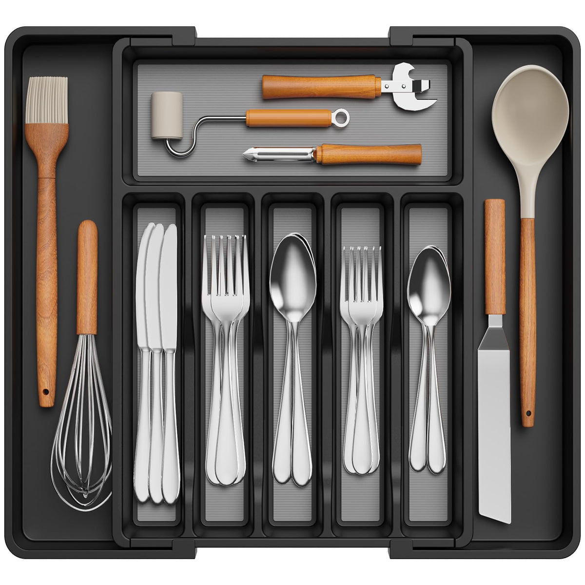 Lifewit front view of expanded organizer showing neat utensil layout and easy access