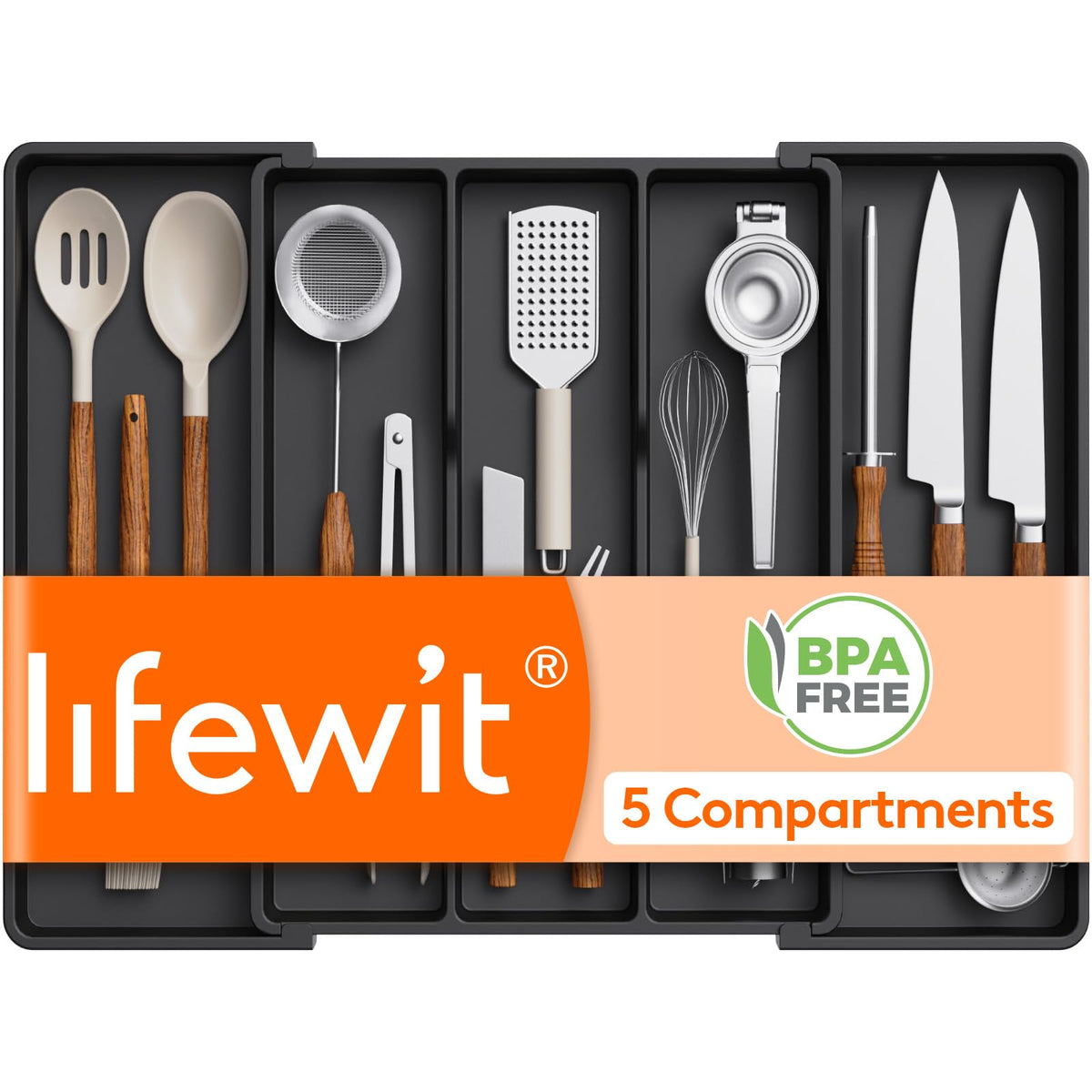 Lifewit front view of organizer showing neat compartments and brand clarity