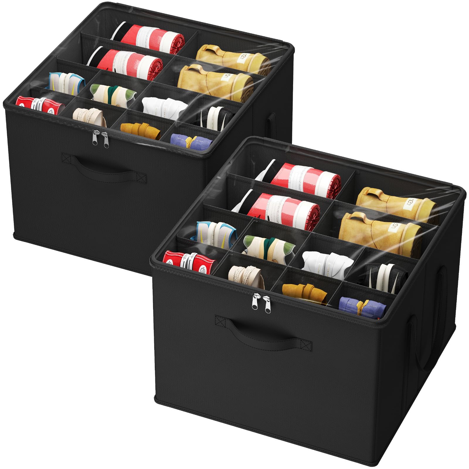 Lifewit front view of two black shoe organizer boxes showing stacked neatness and space saving