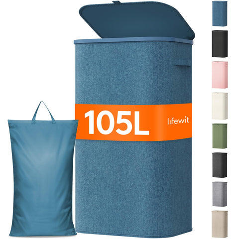 Lifewit front view dark blue hamper showing tall capacity and lid benefit