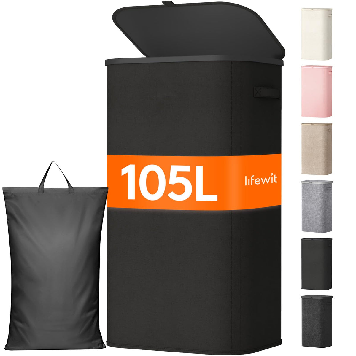 Lifewit front view of tall 105L hamper shows clean storage and space saving