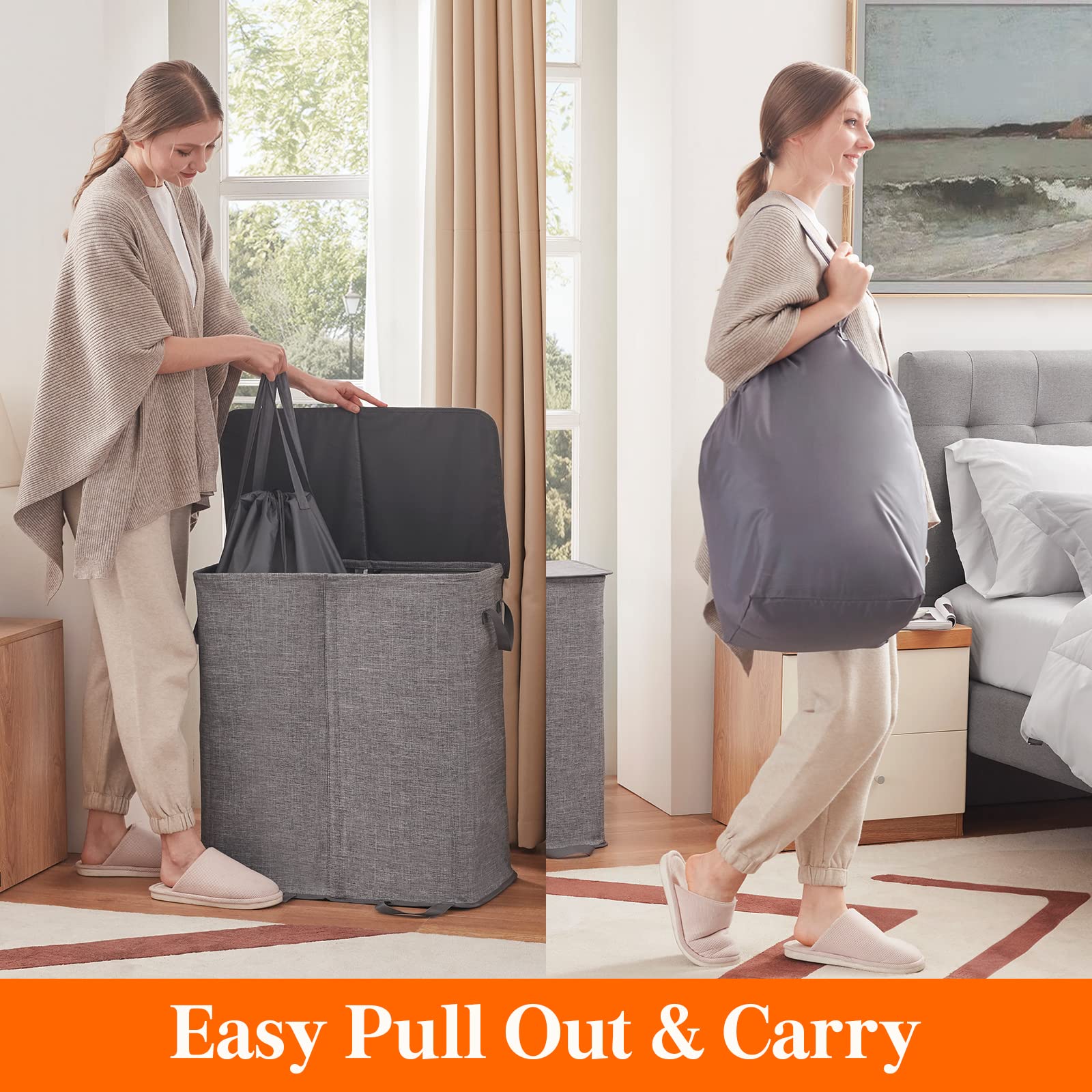 Lifewit hamper next to folded towels showing scale and large 136L capacity benefit
