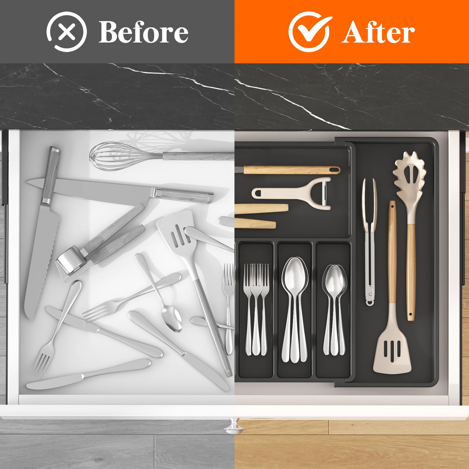 Lifewit organizer installed in kitchen drawer improving utensil organization