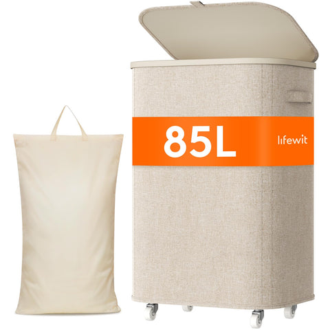Lifewit front view of beige 85L laundry basket showing tidy design and lid