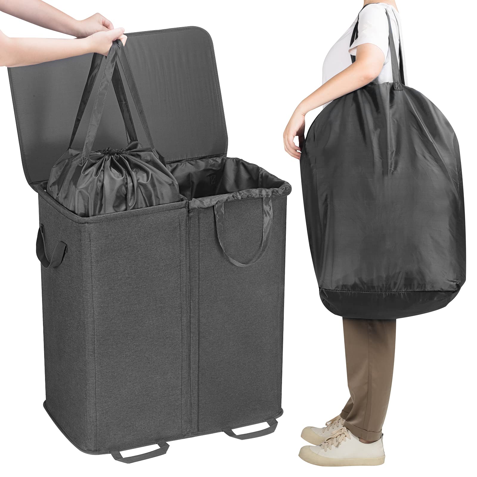 Lifewit lid open revealing two compartments for sorted laundry
