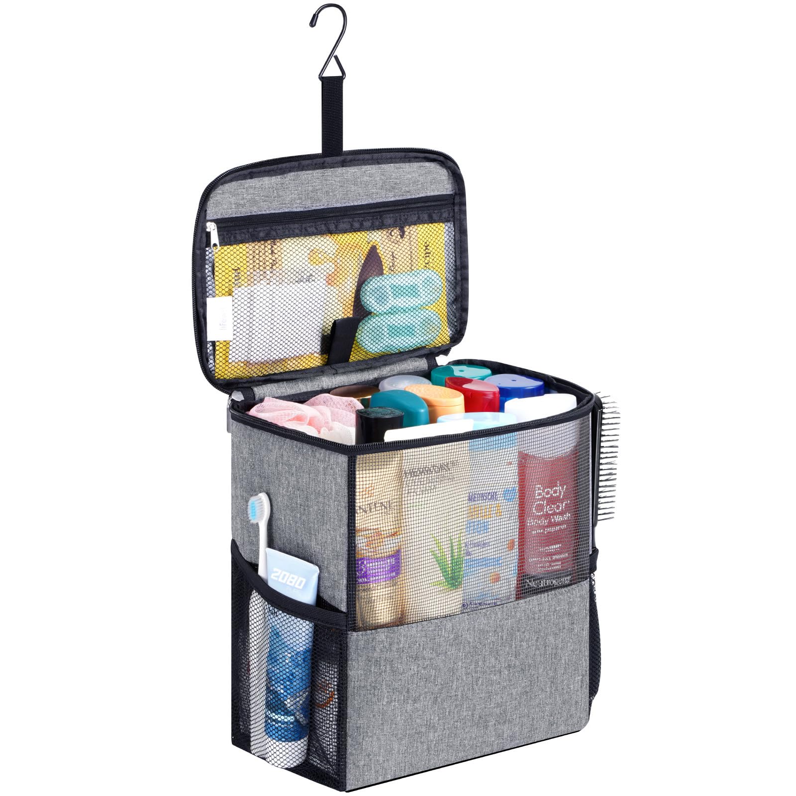 Lifewit front view of grey mesh shower caddy showing capacity and design benefits