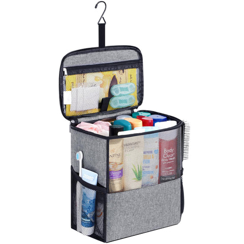 Lifewit front view of grey mesh shower caddy showing capacity and design benefits