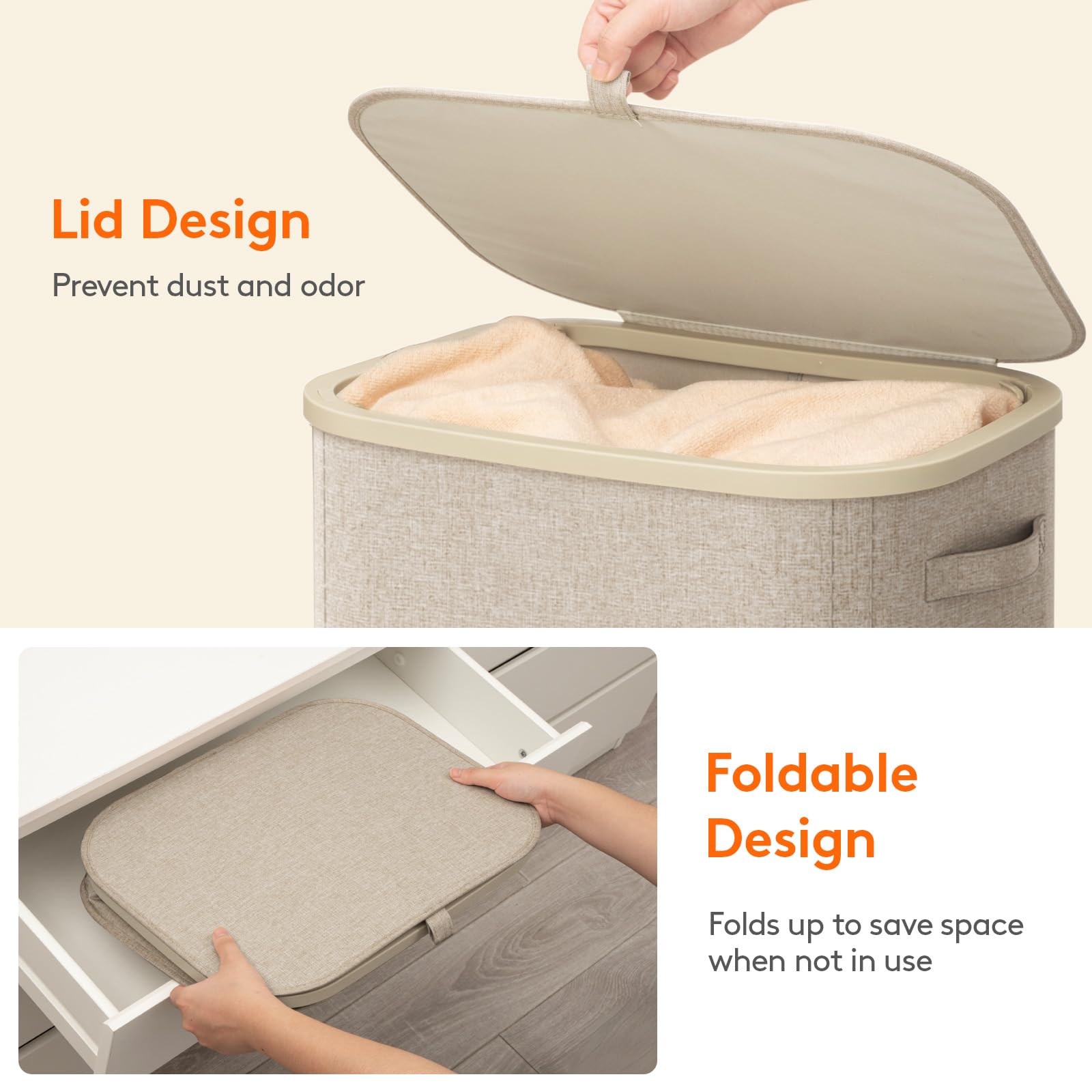 Lifewit basket next to folded towels to show 85L capacity and scale