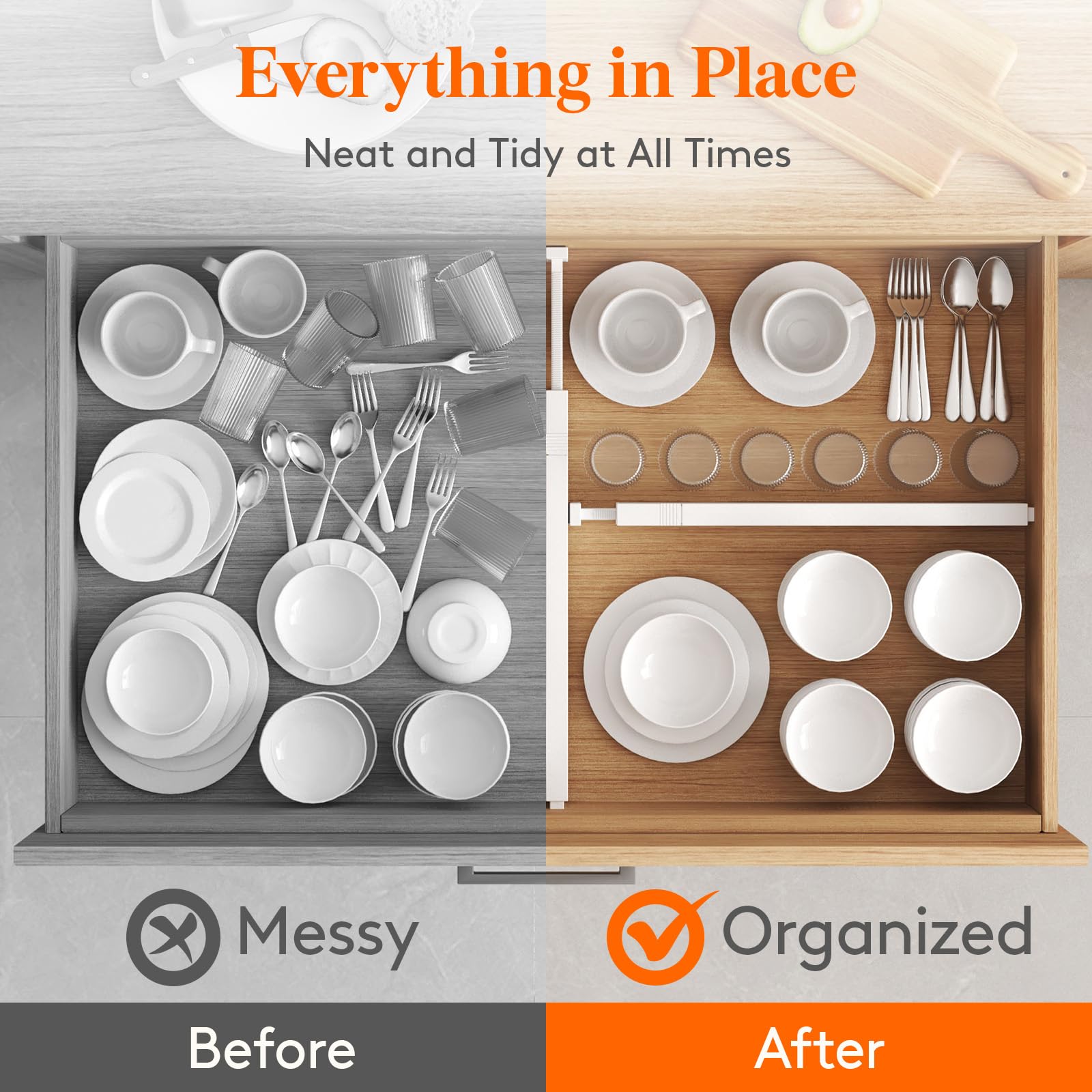 Lifewit dividers in kitchen drawer illustrating organized lifestyle