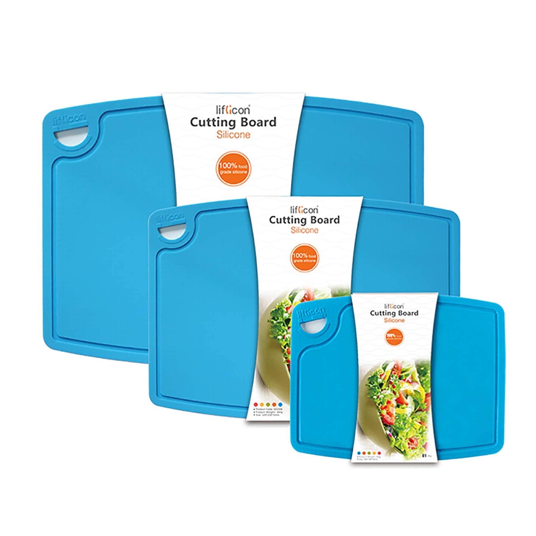 liflicon front view of chif-blue cutting board set showing color-coded sizes and easy-grip handle for organized prep