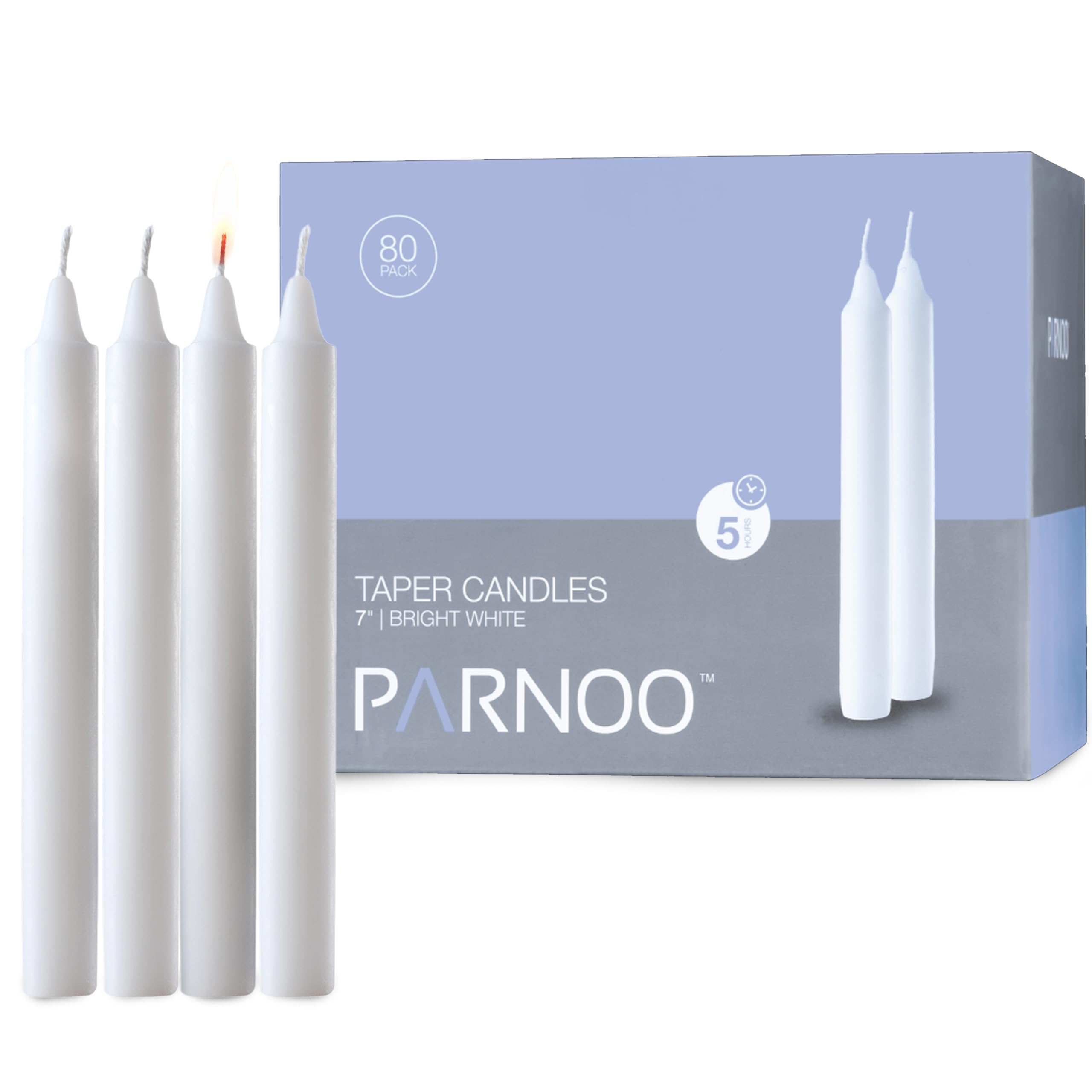 Light In The Dark front packaging showing 80 white taper candles and clear count label