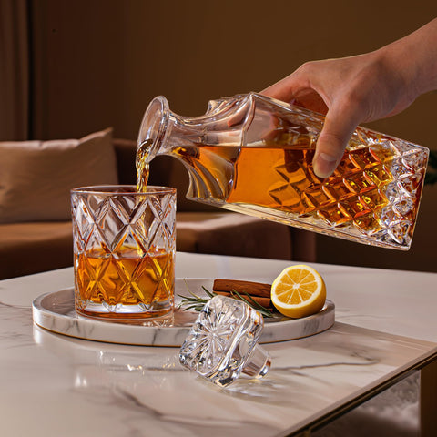 LIGHTEN LIFE close-up of crystal cuts on decanter, highlights clarity benefit